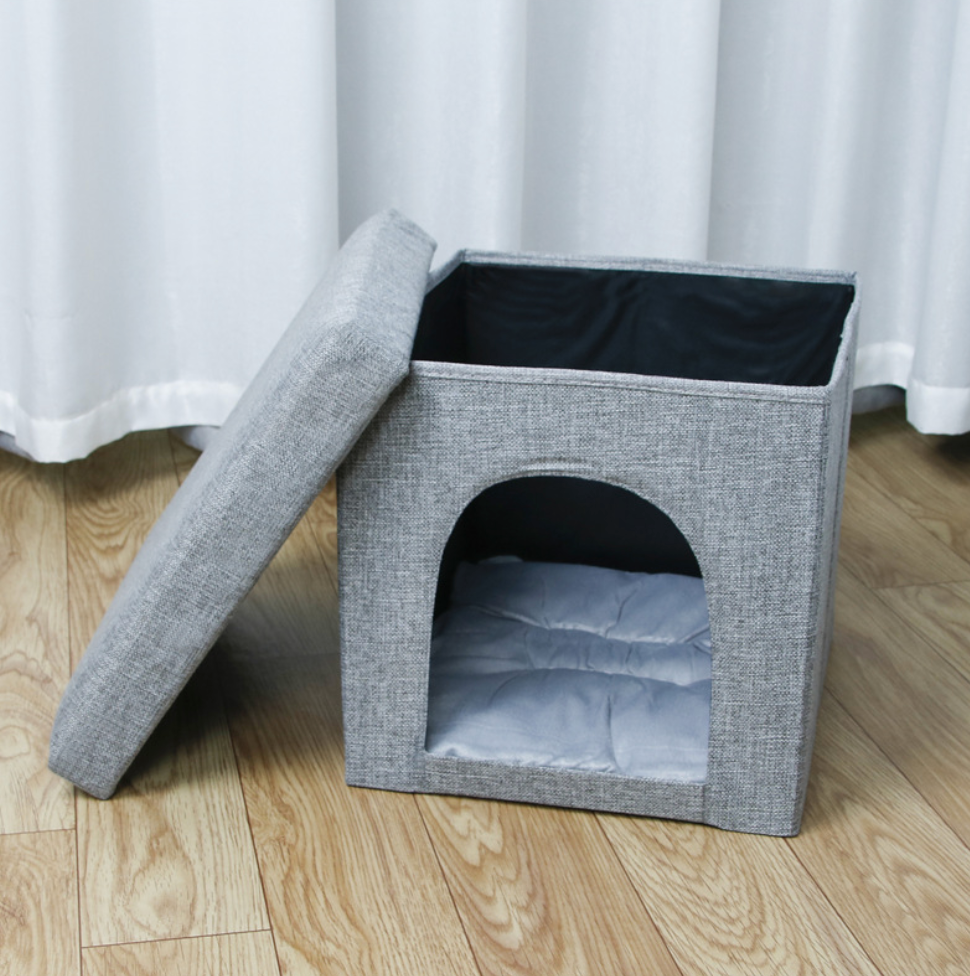 Chenpet Cotton & Linen Storage Pet Beds Foldable Cats Dogs Bunnies Beds Pet Wooden House